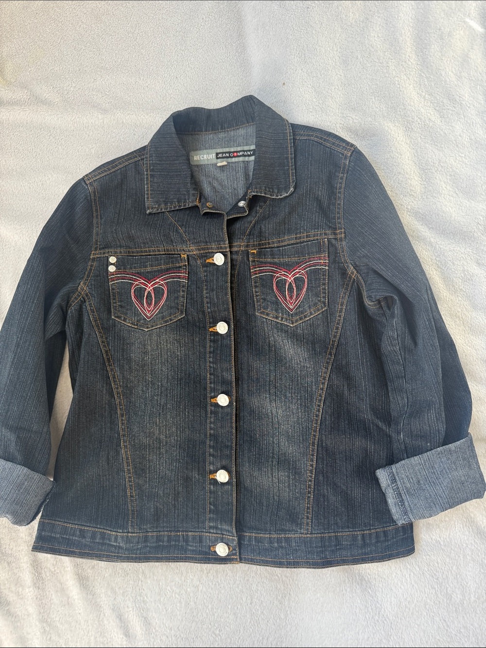 Jean Company Dark Wash Denim Jacket with Pink Embroidery